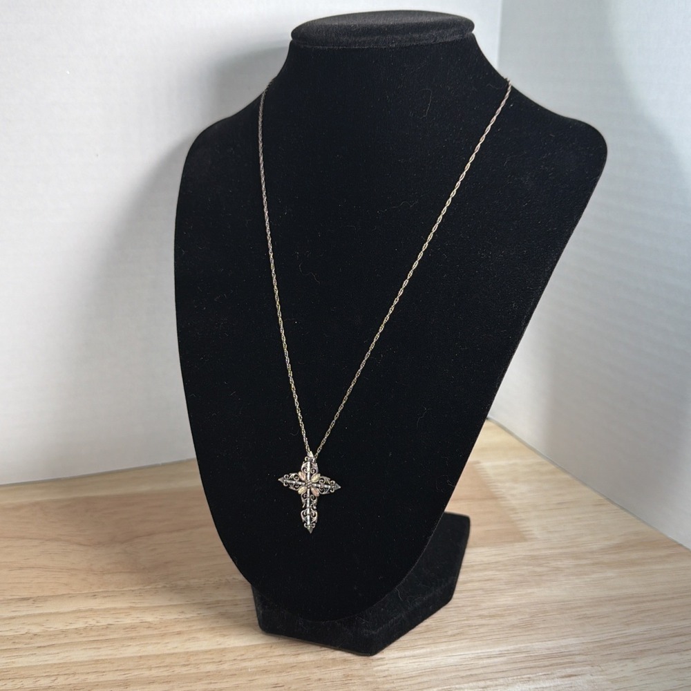 Sterling Silver 12K Gold Mix Floral Cross Pendant Necklace Marked CCO Coleman